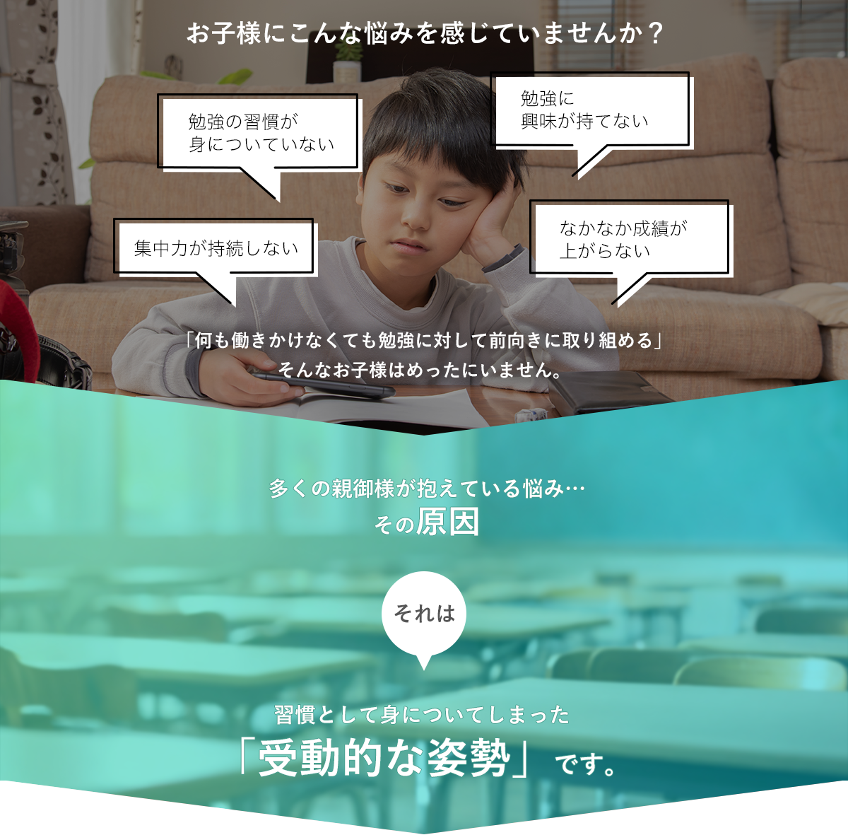 「何も働きかけなくても勉強に対して前向きに取り組める」そんなお子様はめったにいません。
						多くの親御様が抱えている悩み…その原因それは習慣として身についてしまった「受動的な姿勢」です。